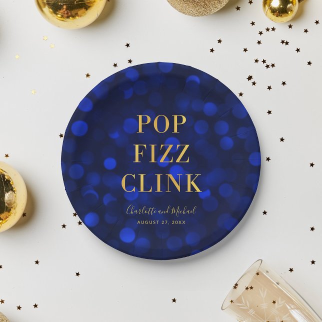Sapphire Blue Faux Gold Pop Fizz Clink Paper Plates (Creator Uploaded)