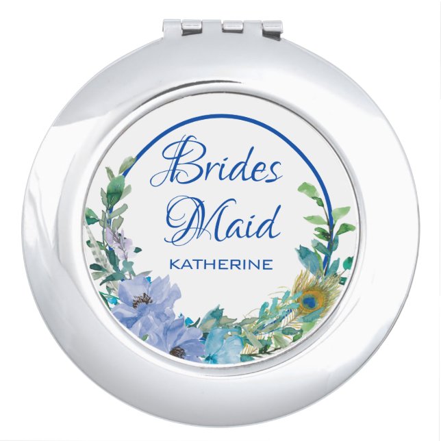 Sapphire Blue Floral Bridesmaid Favor Compact Mirror (Front)
