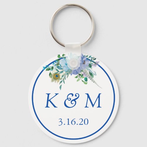 Sapphire Blue Floral Monogram Wedding Favor Keychain