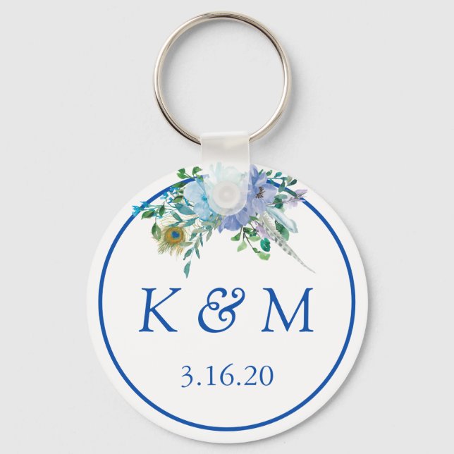 Sapphire Blue Floral Monogram Wedding Favor Keychain (Front)
