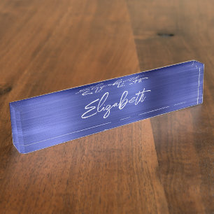 Sapphire Blue Foil Modern Brush Script Desk Name Plate