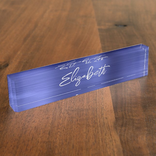 Sapphire Blue Foil Modern Brush Script Desk Name Plate (Side)