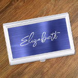 Sapphire Blue Foil Modern Brush Script First Name Business Card Case<br><div class="desc">A first name business card case holder for her. The script is a lovely, brush stroke modern handwritten script that is a perfect gift for her. The decorative brush stroke style may require you to re-center your given name. You may also customize the font color and calligraphy style. The background...</div>
