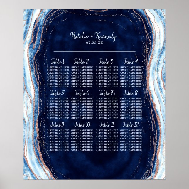 Sapphire Blue Geode Wedding Table Seating Chart (Front)