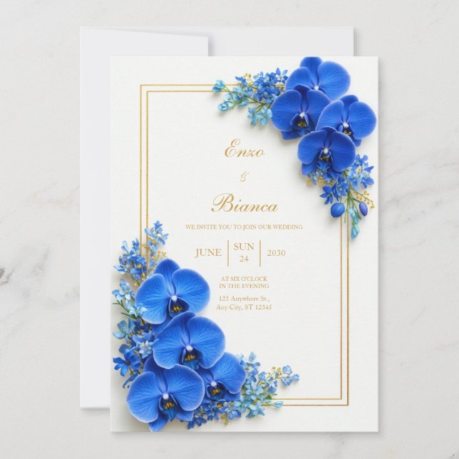 Sapphire Blue Gilded Orchid Botanical Wedding Invitation (Front)