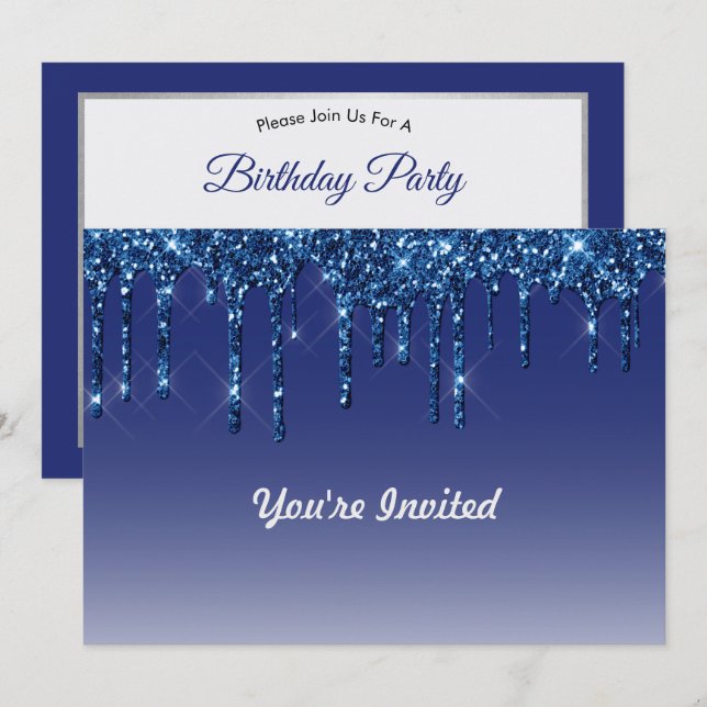 Sapphire Blue Glitter Drip Birthday Invitation (Front/Back)