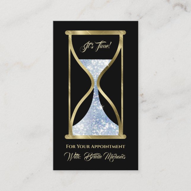 Sapphire Blue Glitter Hourglass Hair and Makeup Appointment Card (Front)