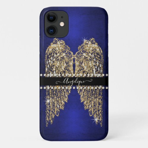 Sapphire Blue Gold Angel Wings w Diamond Jewels iPhone 11 Case