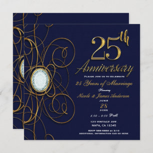 Sapphire Blue & Gold Diamond 25 25th Anniversary Invitation