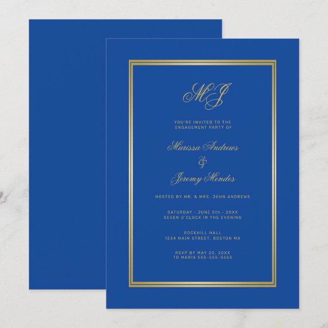 Sapphire Blue Gold Monogram Engagement Party Invitation (Front/Back)