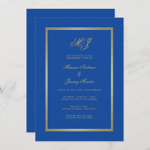 Sapphire Blue Gold Monogram Engagement Party Invitation