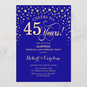 Sapphire Blue Gold Surprise 45th Anniversary Party Invitation