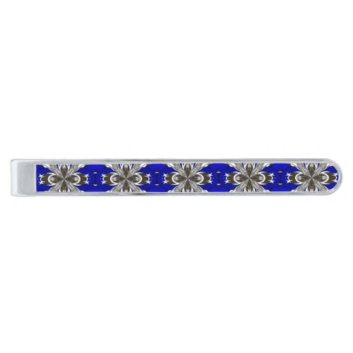 Sapphire Blue Grey and White Repeat Tile Pattern Silver Finish Tie Bar