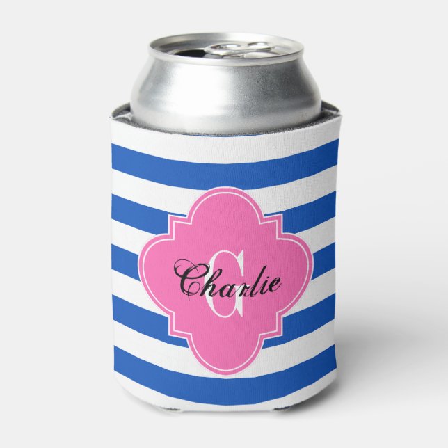 Sapphire Blue Horiz Stripe HP Name Init Monogram Can Cooler (Can Front)