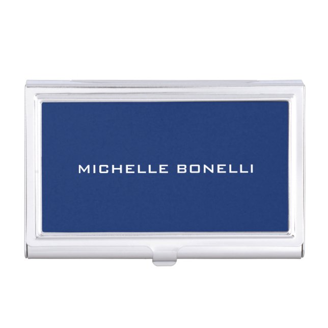 Sapphire Blue Minimalist Plain Legible Modern Business Card Case (Front)