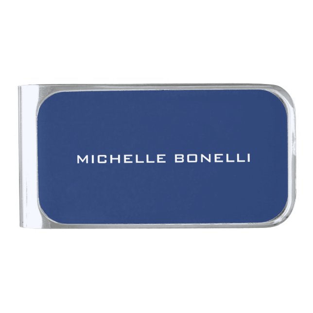 Sapphire Blue Minimalist Plain Legible Modern Silver Finish Money Clip (Front)