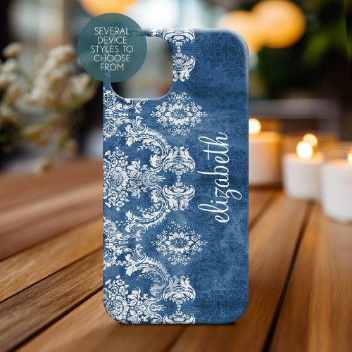 Sapphire Blue Moody Damask Pattern and Name Case_Mate iPhone 14 Plus Case