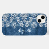 Sapphire Blue Moody Damask Pattern and Name Case-Mate iPhone Case (Back (Horizontal))