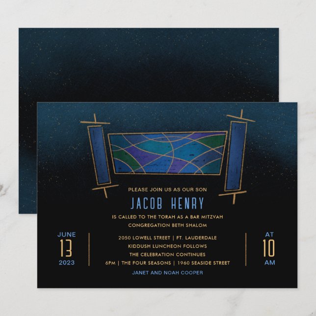 Sapphire Blue Mosaic Torah Scroll Bar/Bat Mitzvah Invitation (Front/Back)