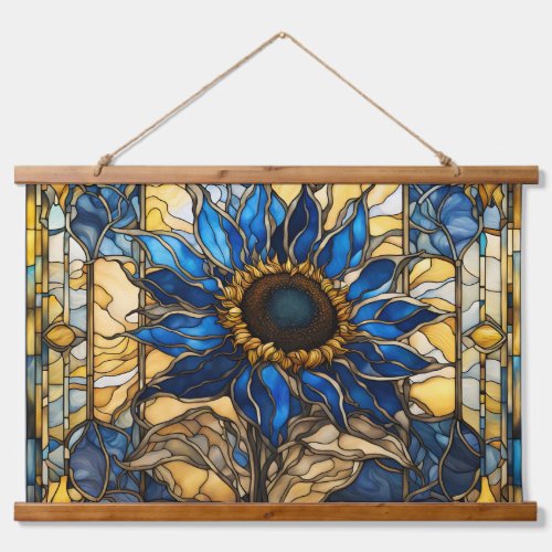 Sapphire Blue N Gold Stained Glass Sunflower  Hanging Tapestry