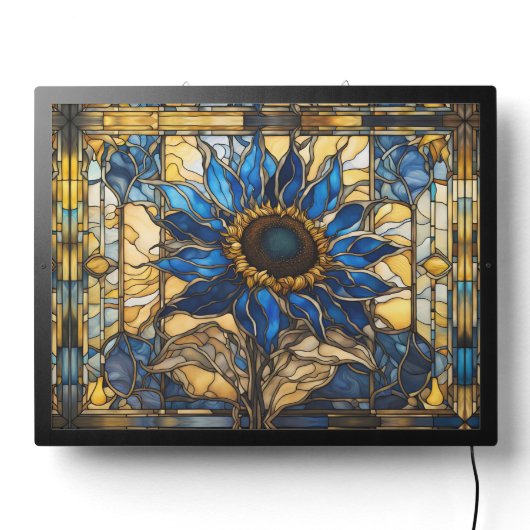 Sapphire Blue N Gold Stained Glass Sunflower LED Sign (Lights Off)