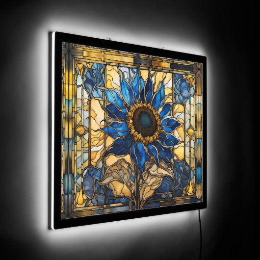 Sapphire Blue N Gold Stained Glass Sunflower  LED Sign (Angle)