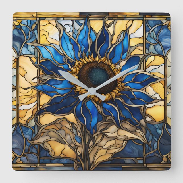 Sapphire Blue N Gold Stained Glass Sunflower  Square Wall Clock (Front)