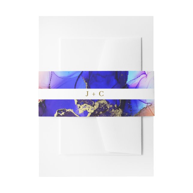 Sapphire Blue Orange Monogrammed Wedding Invitation Belly Band (Front Example)