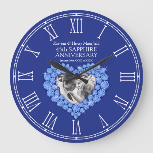 Sapphire blue photo heart 45th wedding anniversary large clock