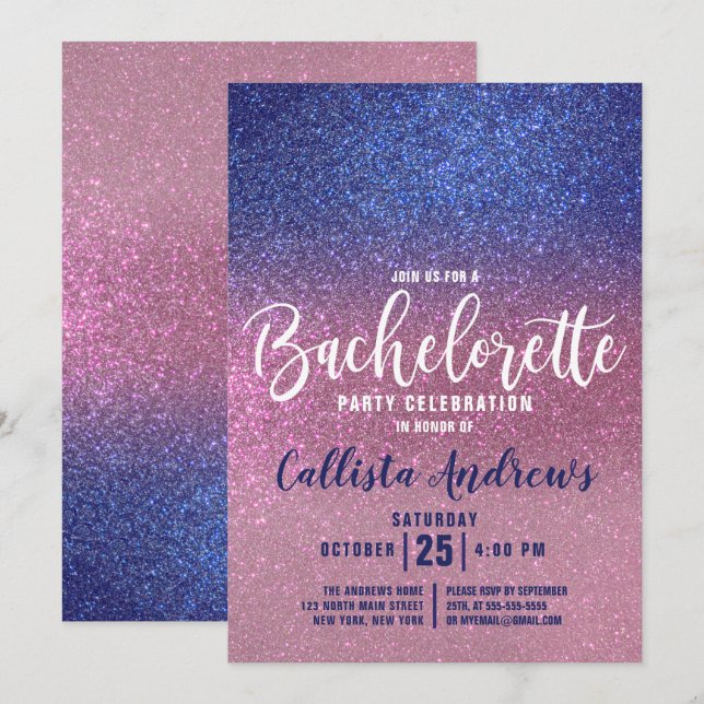 Sapphire Blue Pink Triple Glitter Bachelorette Invitation (Front/Back)