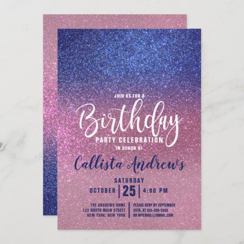 Sapphire Blue Pink Triple Glitter Ombre Birthday Invitation