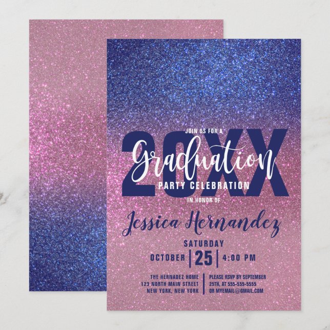 Sapphire Blue Pink Triple Glitter Ombre Graduation Invitation (Front/Back)