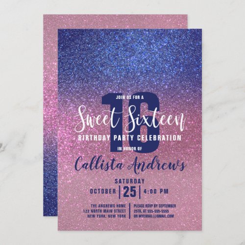 Sapphire Blue Pink Triple Glitter Ombre Sweet 16 Invitation