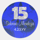 Sapphire Blue Quinceanera Silver #15 Round Sticker (Front)