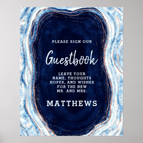 Sapphire Blue Rose Gold Geode Agate Guestbook Sign