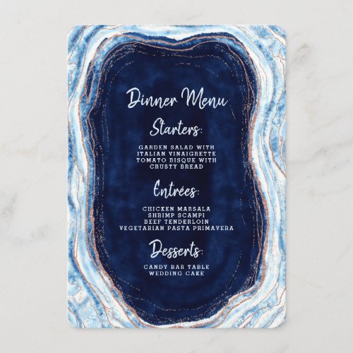 Sapphire Blue Rose Gold Geode Agate Marble Dinner Menu