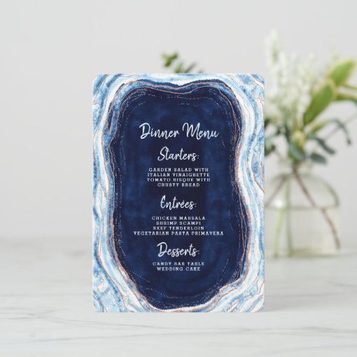 Sapphire Blue Rose Gold Geode Agate Marble Dinner Menu | Zazzle