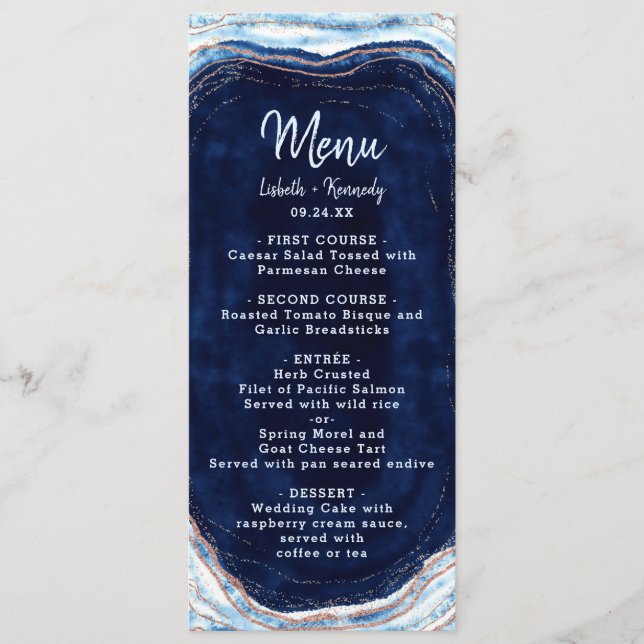 Sapphire Blue Rose Gold Geode Agate Marble Dinner Menu (Front)