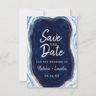 Sapphire Blue Rose Gold Geode Agate Marble Modern Save The Date