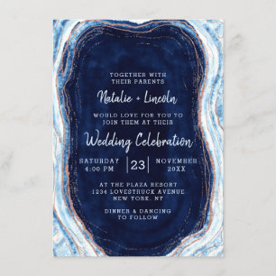 Sapphire Blue Rose Gold Geode Agate Marble Wedding Invitation