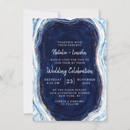 Sapphire Blue Rose Gold Geode Agate Marble Wedding Invitation