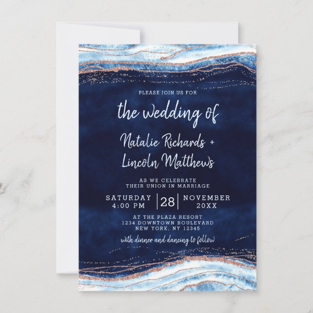 Sapphire Blue Rose Gold Geode Agate Marble Wedding Invitation (Front)