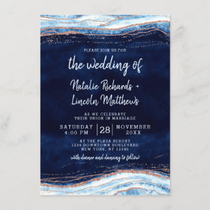 Sapphire Blue Rose Gold Geode Agate Marble Wedding Invitation