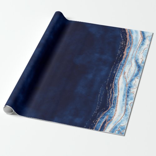 Sapphire Blue Rose Gold Geode Agate Marble Wedding Wrapping Paper