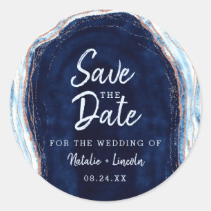 Sapphire Blue Rose Gold Geode Agate Save the Date Classic Round Sticker