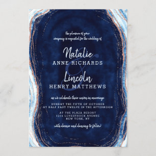 Sapphire Blue Rose Gold Geode Agate Slice Wedding Invitation