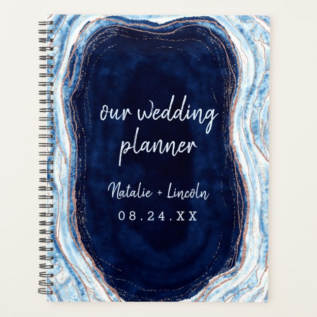 Sapphire Blue Rose Gold Geode Agate Wedding Plans Planner (Front)