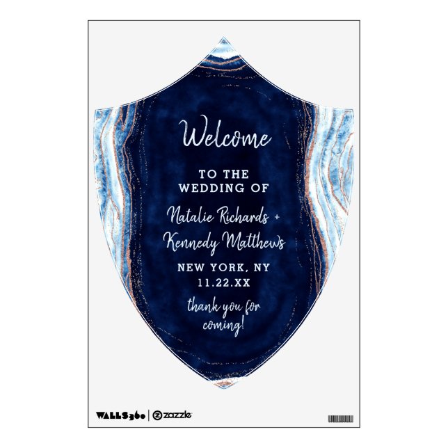 Sapphire Blue Rose Gold Geode Agate Welcome Sign Wall Decal (Front)
