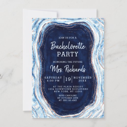 Sapphire Blue Rose Gold Geode Bachelorette Party Invitation