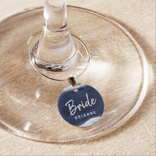 Sapphire Blue Rose Gold Geode Bride Personalized Wine Charm